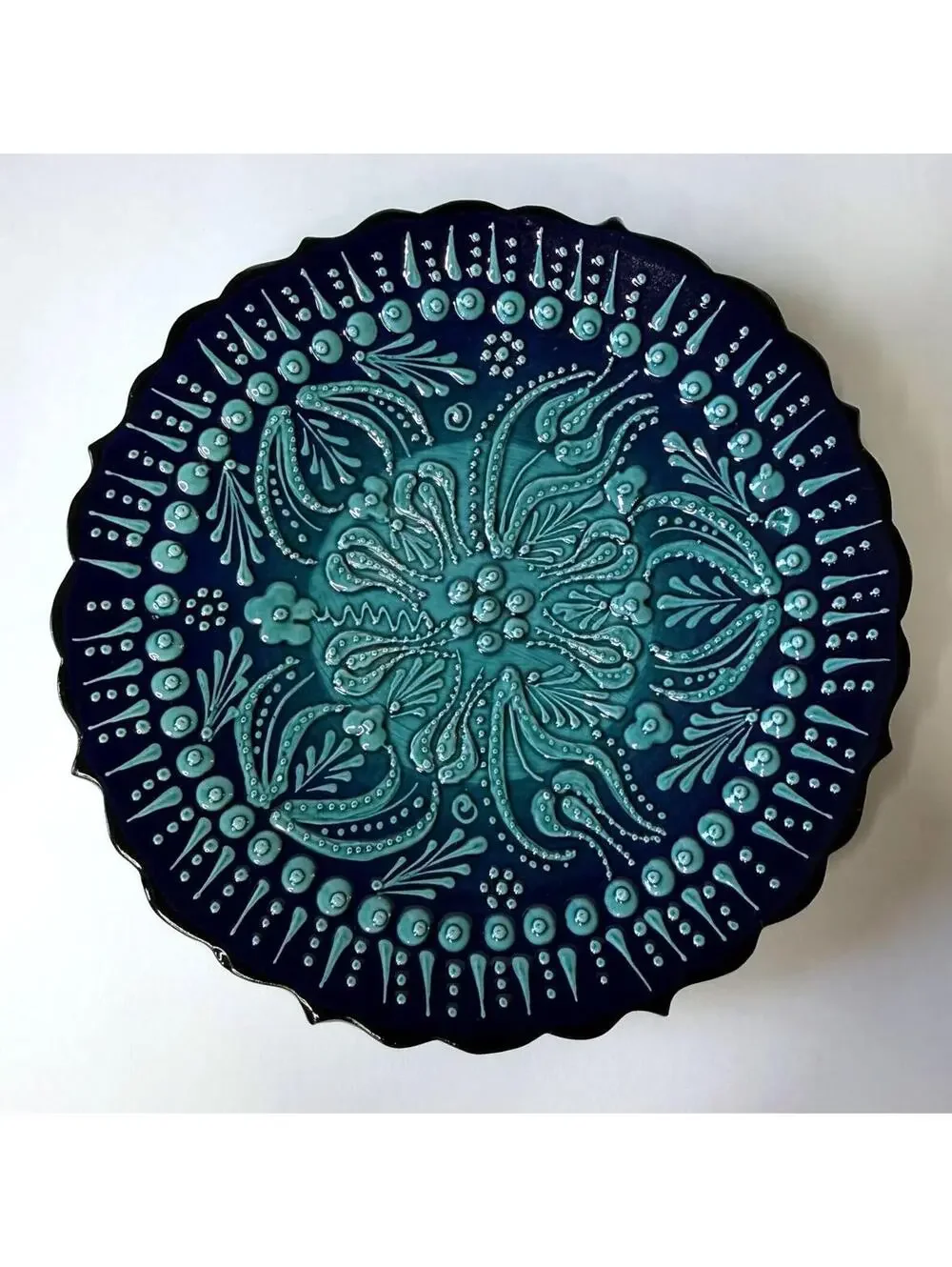 Handmade Blue Turquoise Ceramic Pottery Wall Plate Signed 7.5” Floral Art